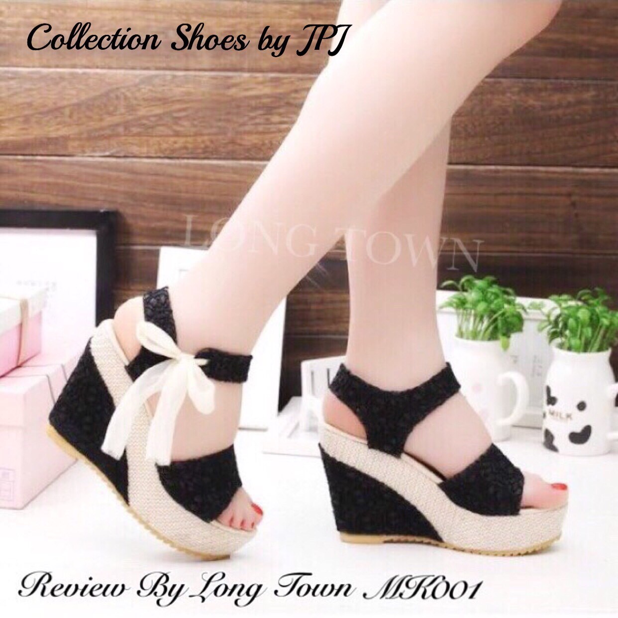 รองเท้าส้นเตารีดลูกไม้สไตล์เกาหลี (ดำ)