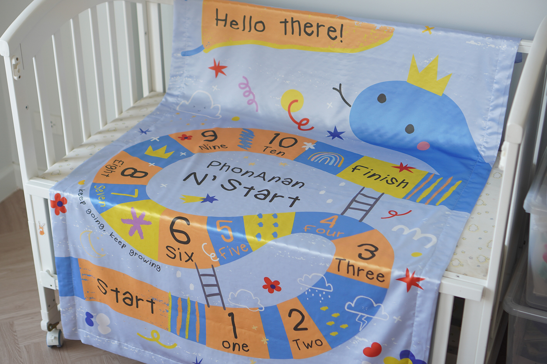 ผ้าห่มเด็ก สั่งทำใส่ชื่อ ลาย Snake and Ladders - Blue