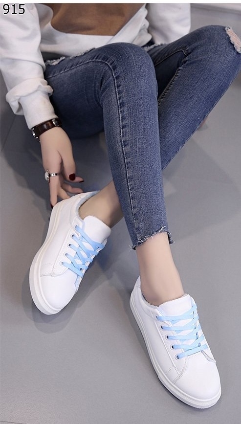 รองเท้าผ้าใบPUลายแมว (สีฟ้า)