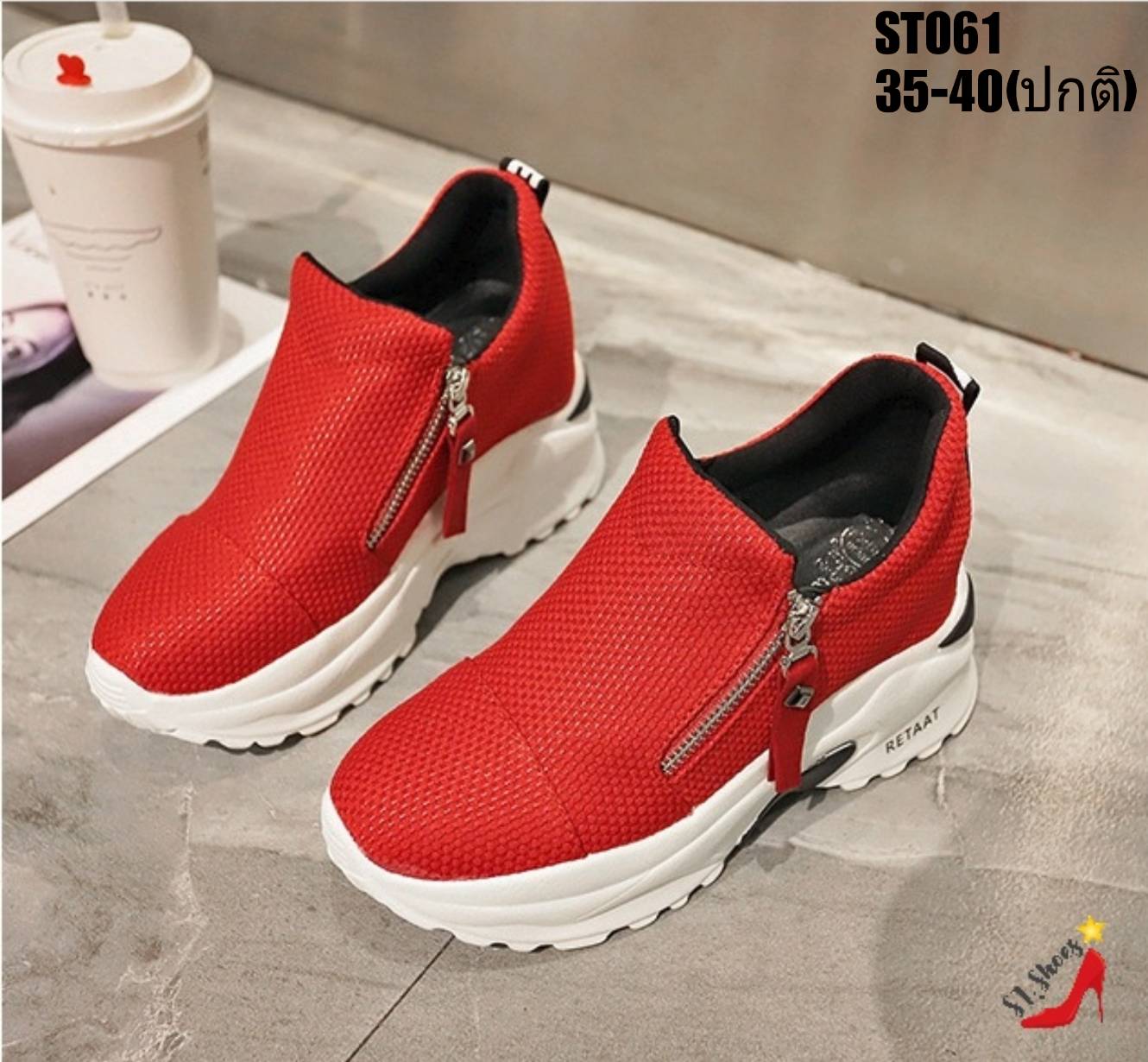 รองเท้าผ้าใบผ้าทอแต่งซิปทรง Sport (สีดำ)