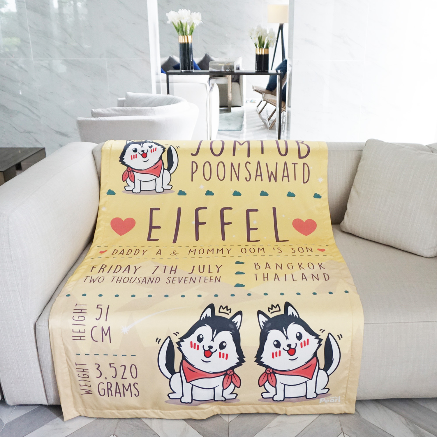 ผ้าห่ม ใส่ประวัติแรกเกิด ลาย Siberian Husky - Yellow ขนาด 100x150cm