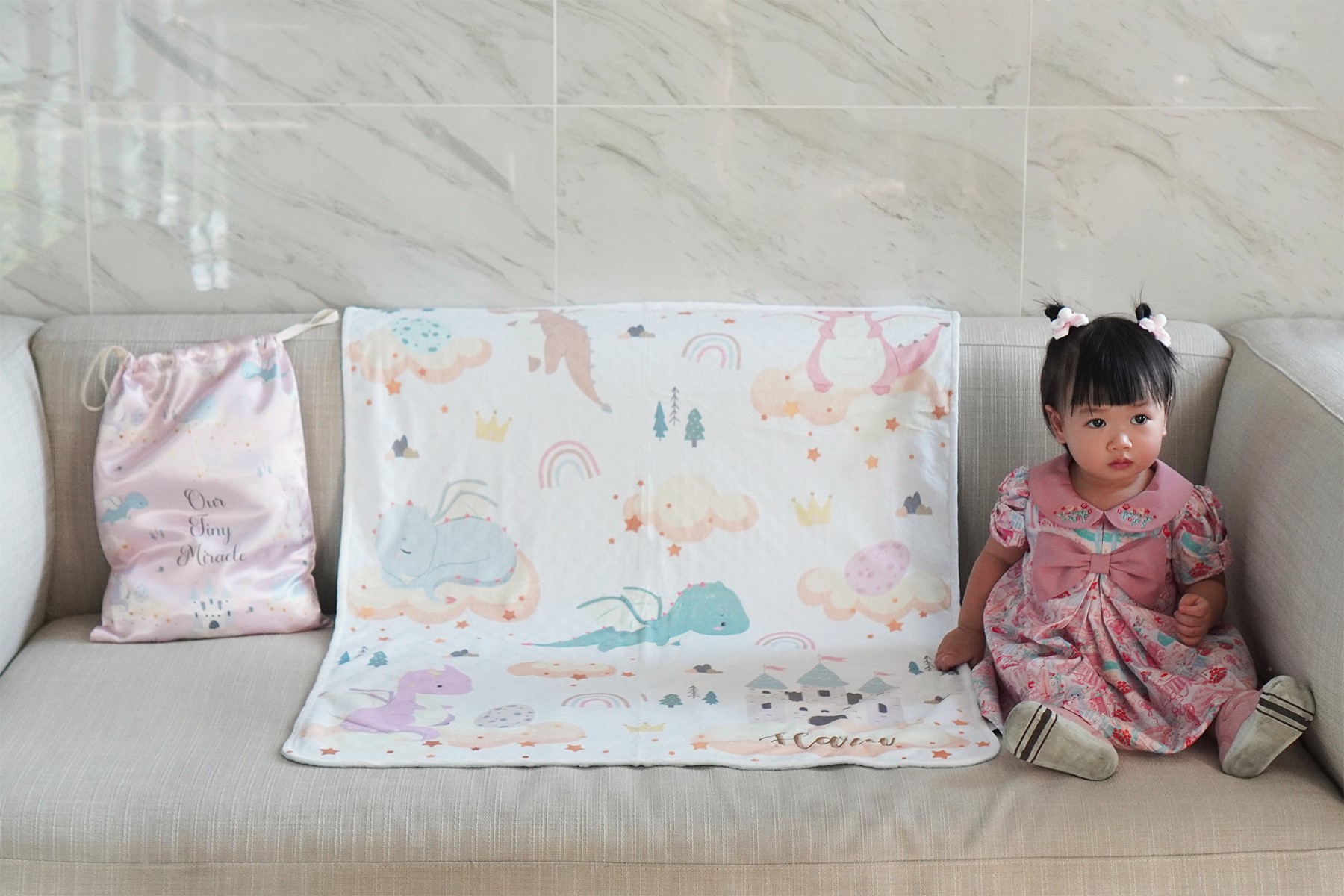 ผ้าห่ม Minky ลาย Dragon 75x100cm แบบปักชื่อ ด้านหลังสีชมพู