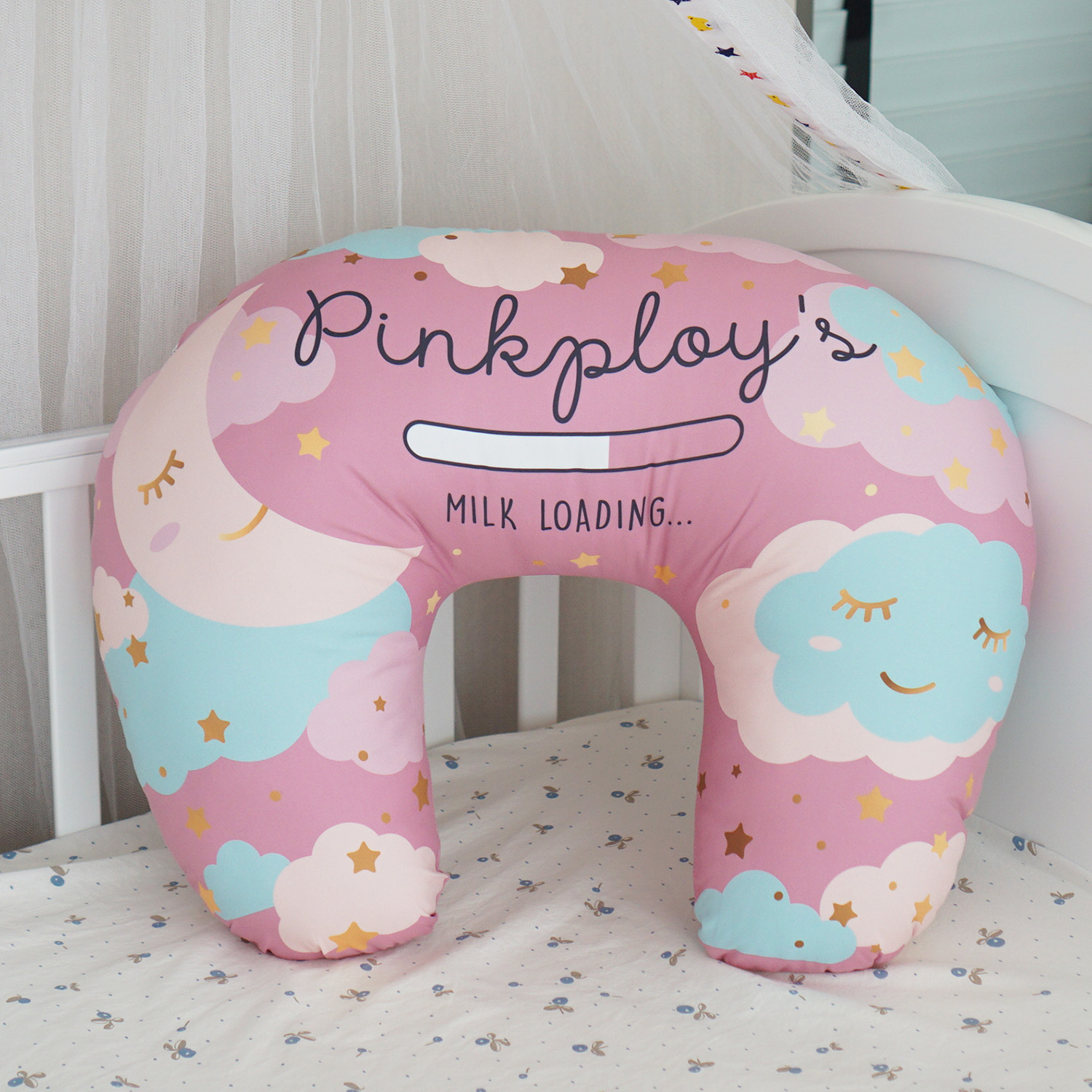 หมอนรองให้นม สั่งทำใส่ชื่อ ลาย Moon - Pink