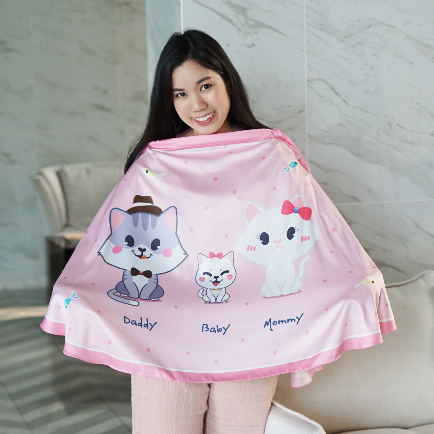 ผ้าคลุมให้นม 3in1 (รุ่นมีกระดุม ถอดโครงได้) แบบสั่งทำใส่ชื่อ ลาย Kitten - Pink