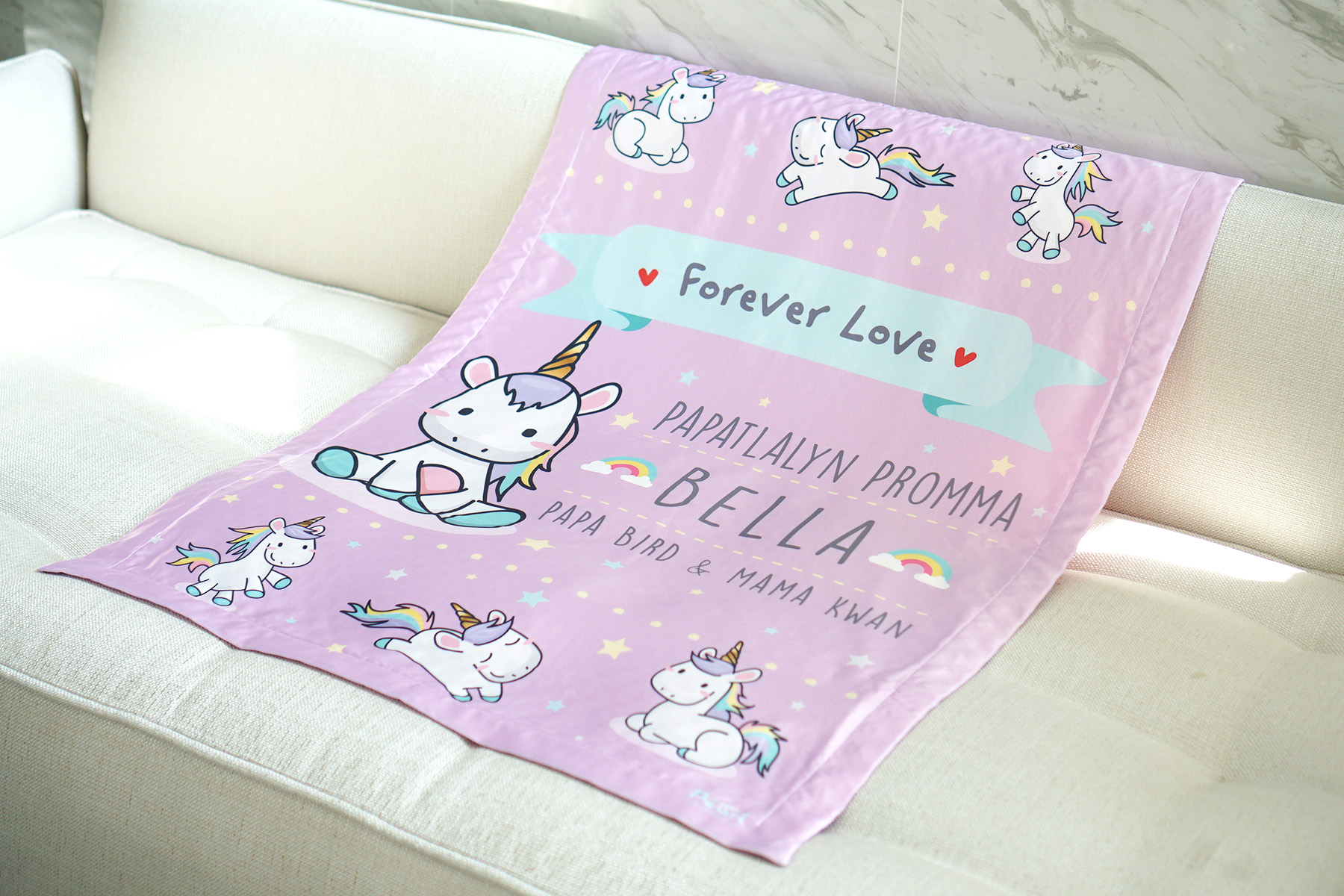 ผ้าห่ม สั่งทำใส่ชื่อ ลายยูนิคอร์น - Unicorn - Pink Lavender