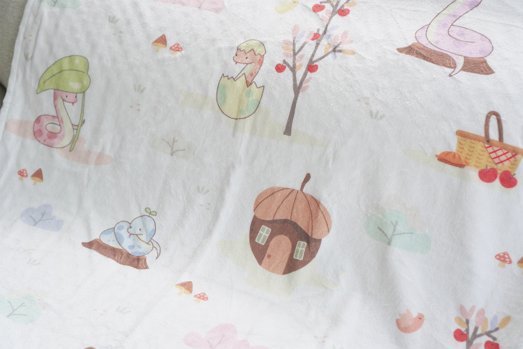ผ้าห่ม Minky 75x100cm แบบปักชื่อ ลาย Snakes in the garden - Cream