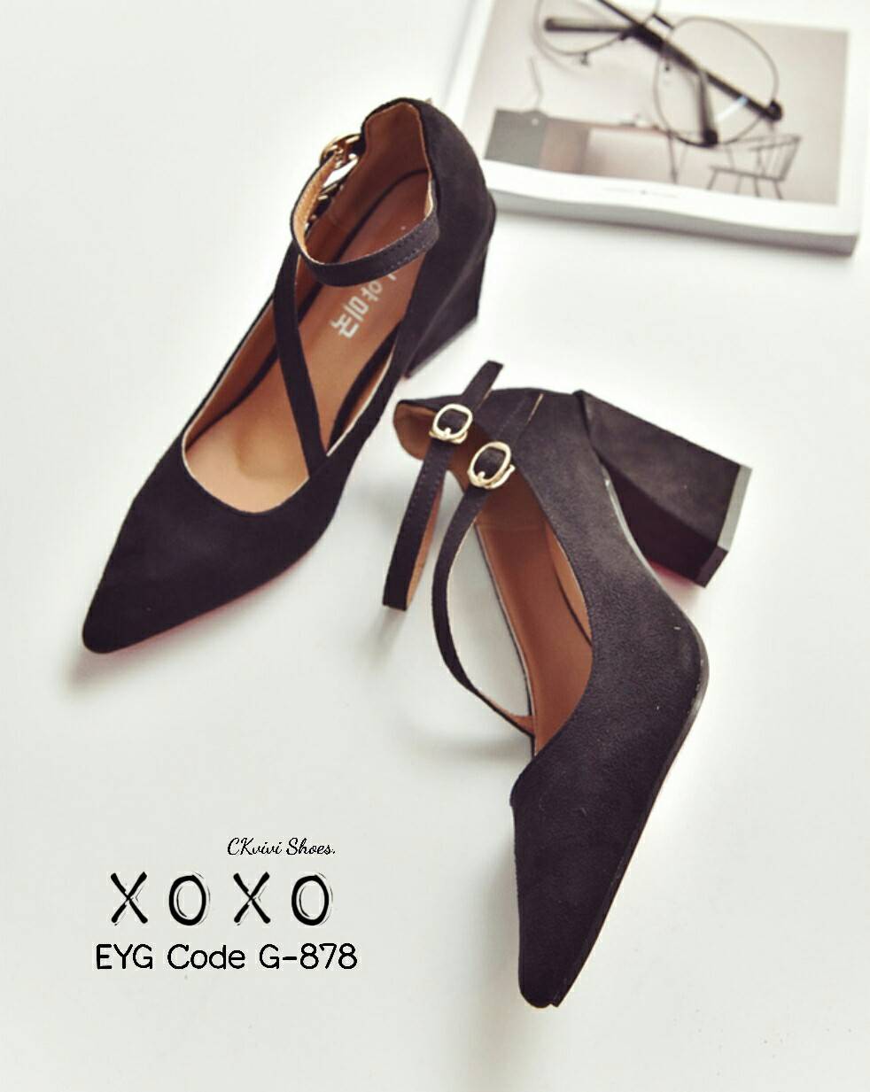 รองเท้าคัทชูส้นต้นแต่งสายรัด2ชั้น (สีน้ำตาล)