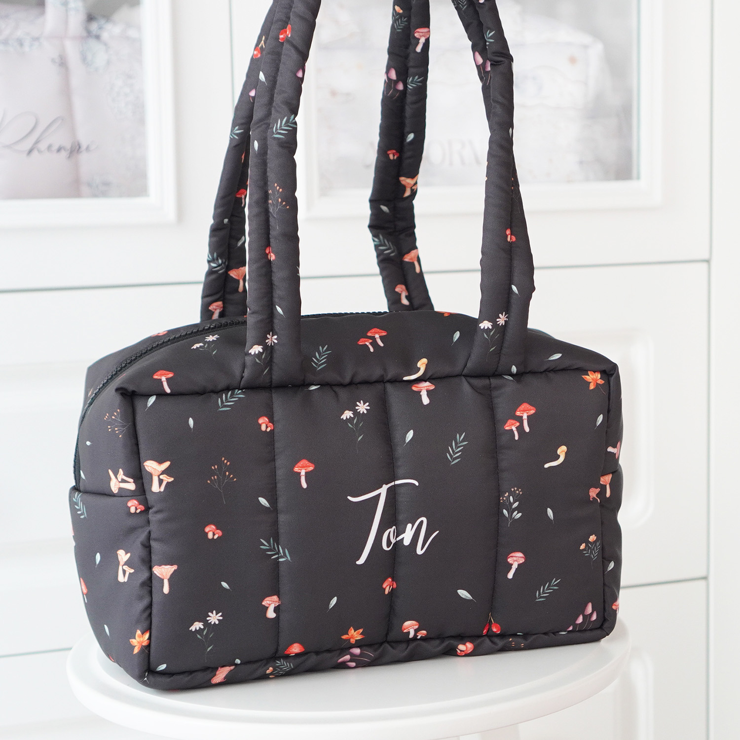 Fluffy Bowling Bag กระเป๋านุ่มนิ่ม ทรง Bowling สั่งทำใส่ข้อความ ลาย Mushroom - Brown