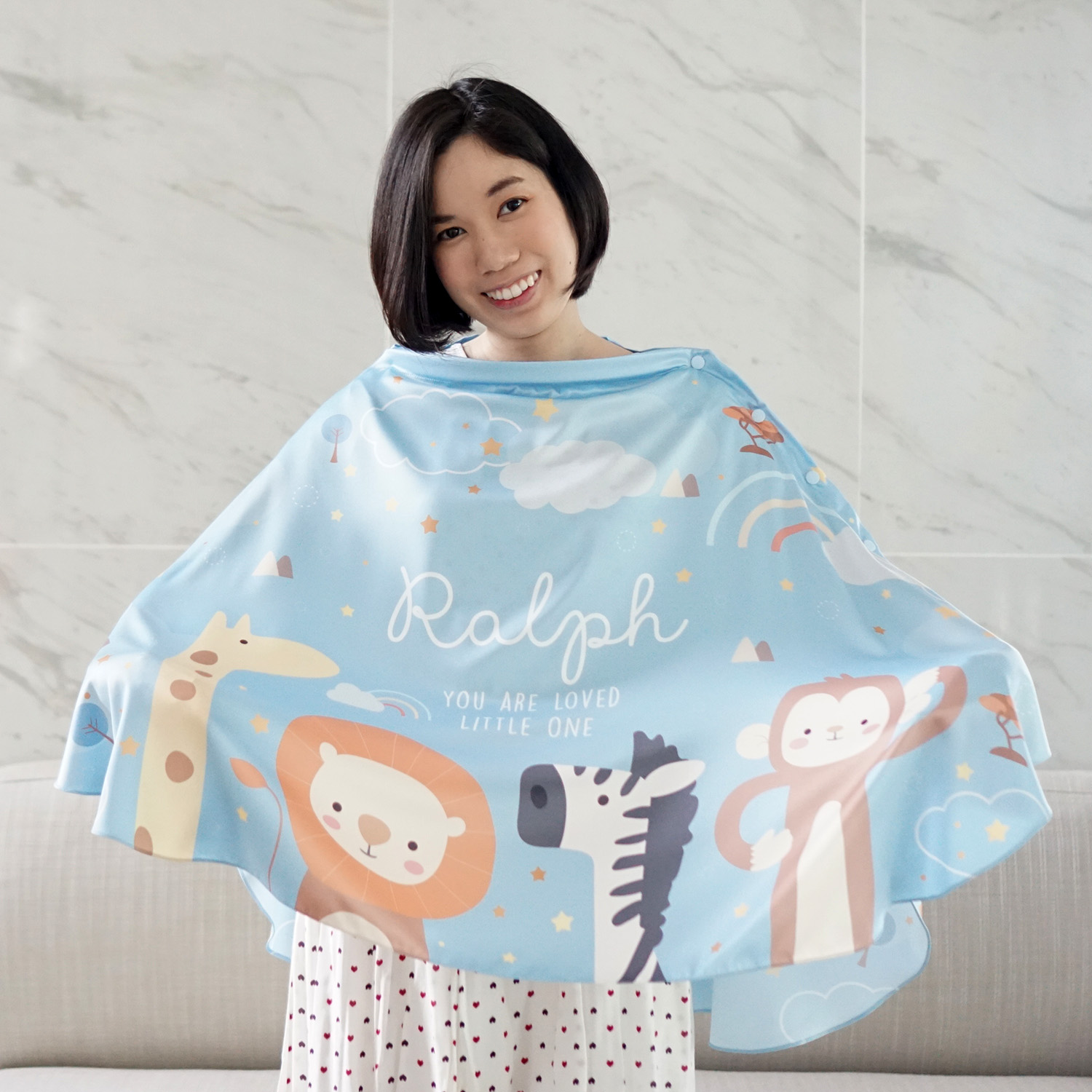 ผ้าคลุมให้นม 3in1 (รุ่นมีกระดุม ถอดโครงได้) แบบสั่งทำใส่ชื่อ ลาย Safari - Blue