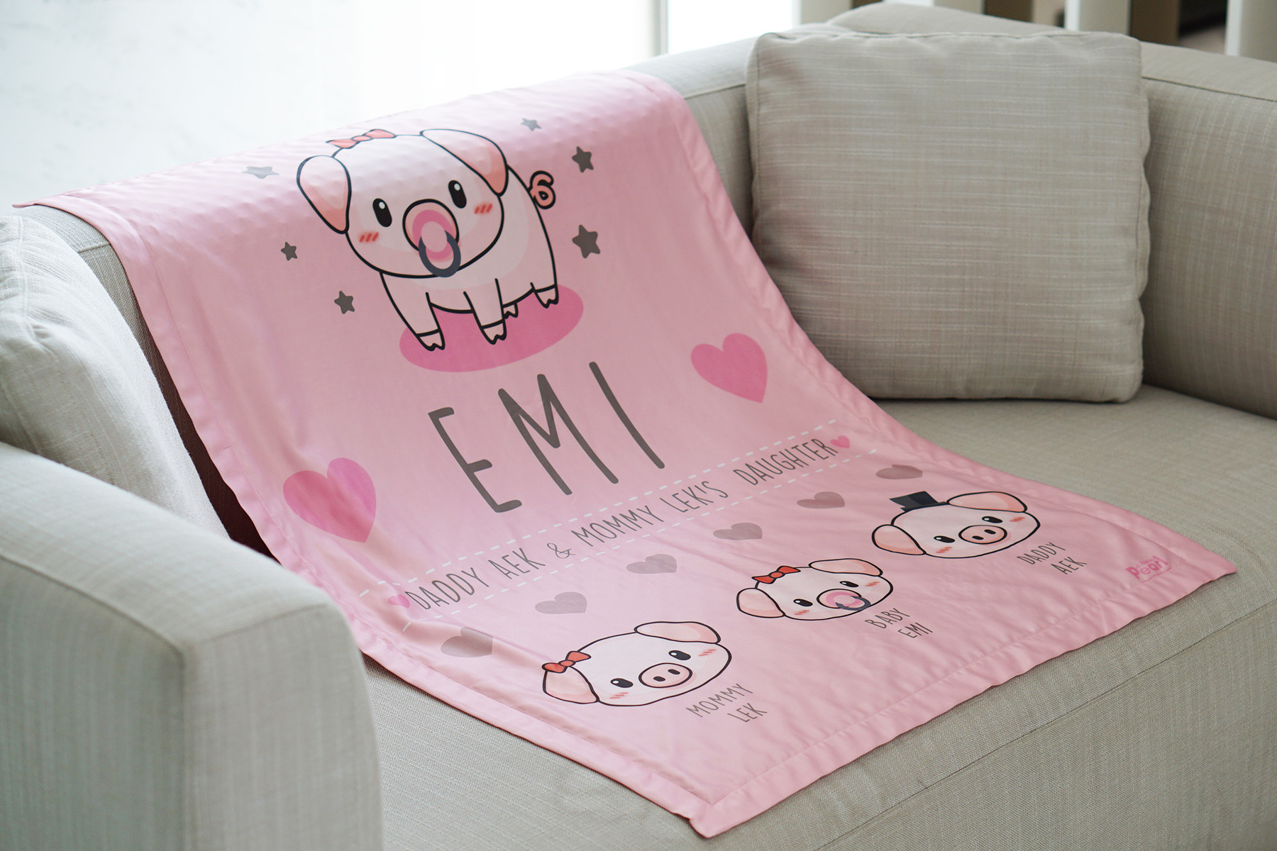 ผ้าห่ม ใส่ชื่อ ลายหมู สี Blush Pink