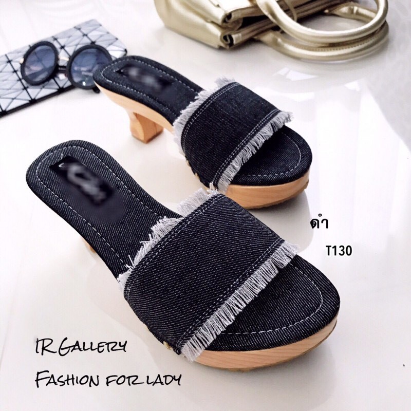 รองเท้าลำลองเปิดส้นผ้ายีนส์ (สีดำ)