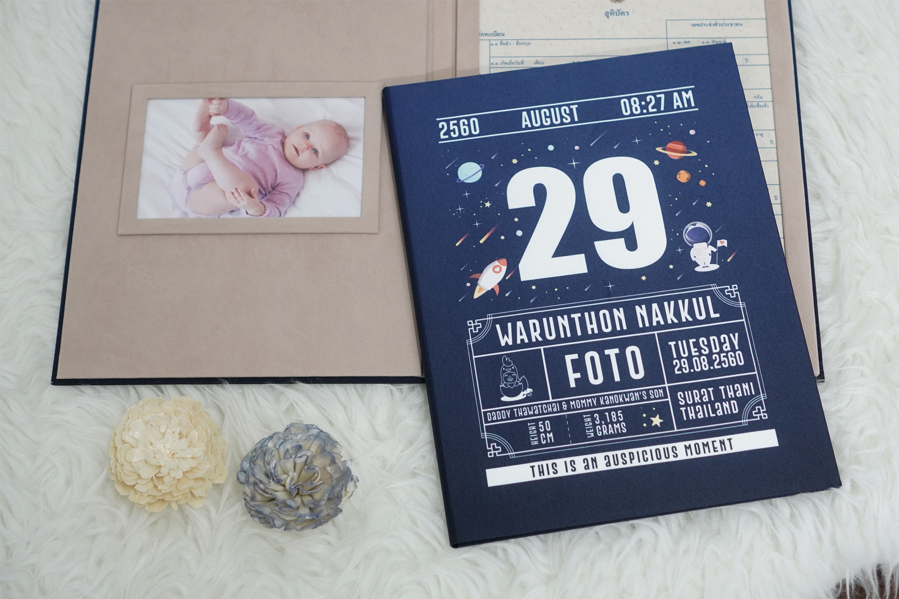 แฟ้มทะเบียนสมรส/สูติบัตร สั่งทำใส่ข้อความ ลาย Chinese Calendar - Space - Navy