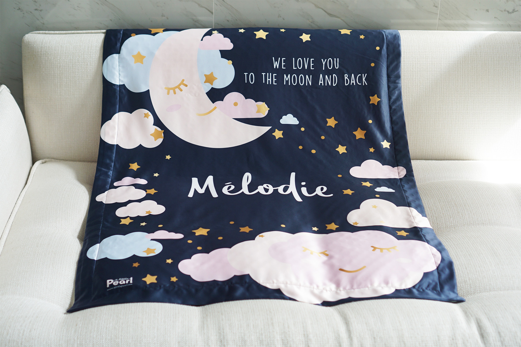 ผ้าห่ม สั่งทำใส่ชื่อ ลาย Moon - Navy