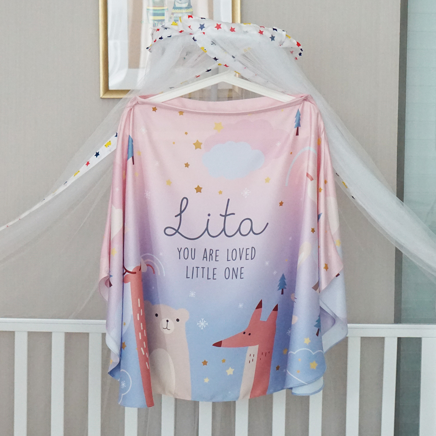 ผ้าคลุมให้นม สั่งทำใส่ชือ ลาย Woodland - Blue Pink