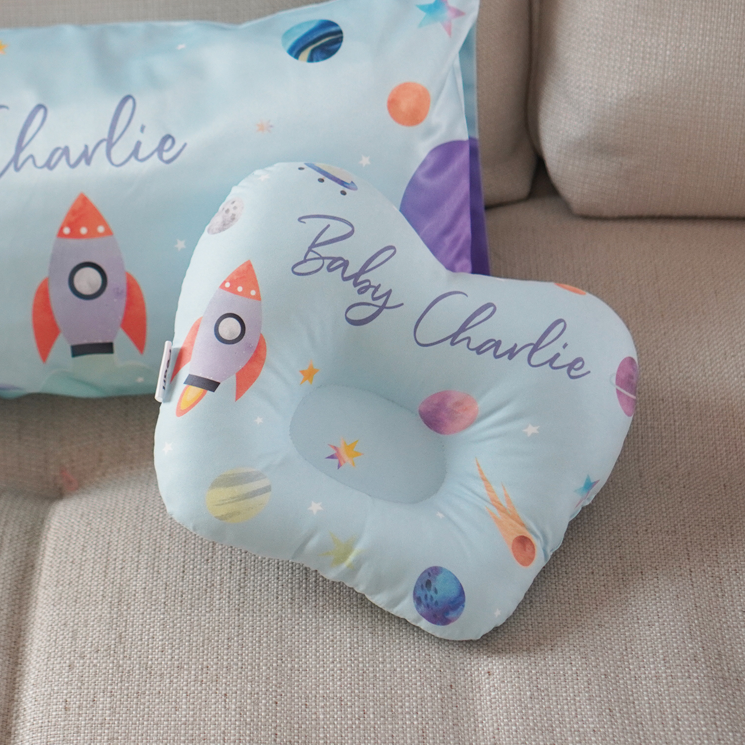 หมอนเด็ก หมอนหลุม Baby Pillow สั่งทำใส่ชื่อ ลาย Rocket - Blue