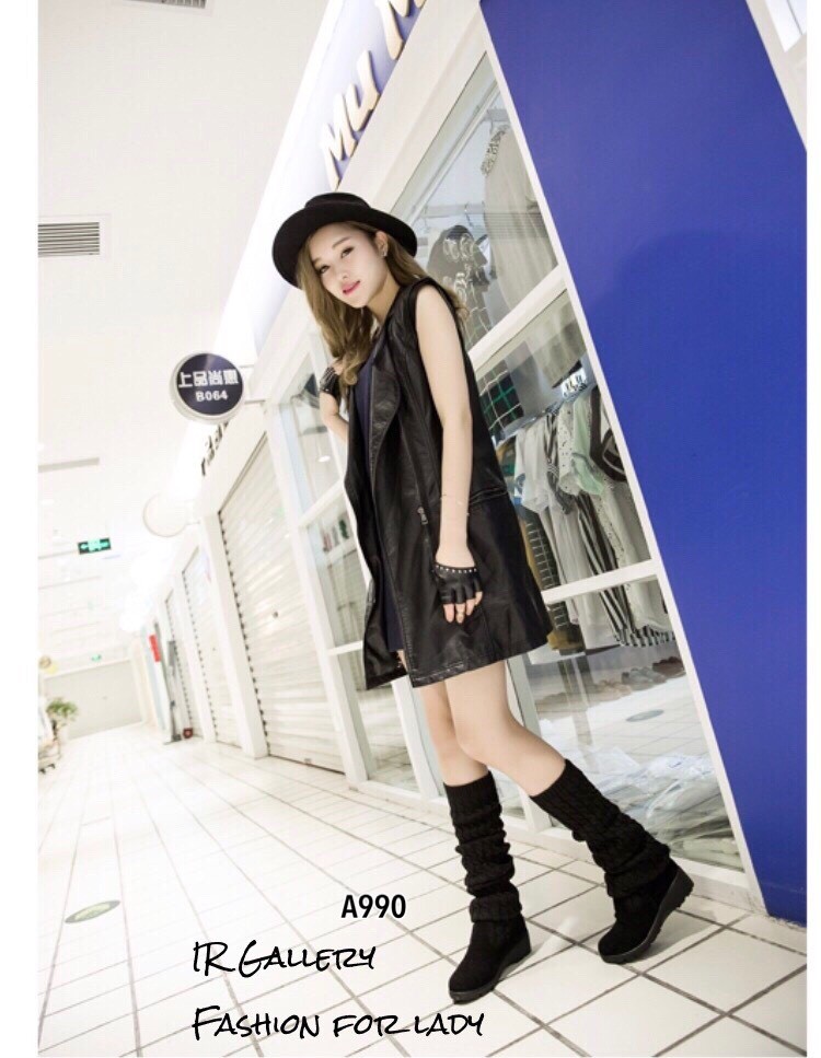 รองเท้าบูทยาวตัดต่อสไตล์ถุงเท้า (สีน้ำตาล)