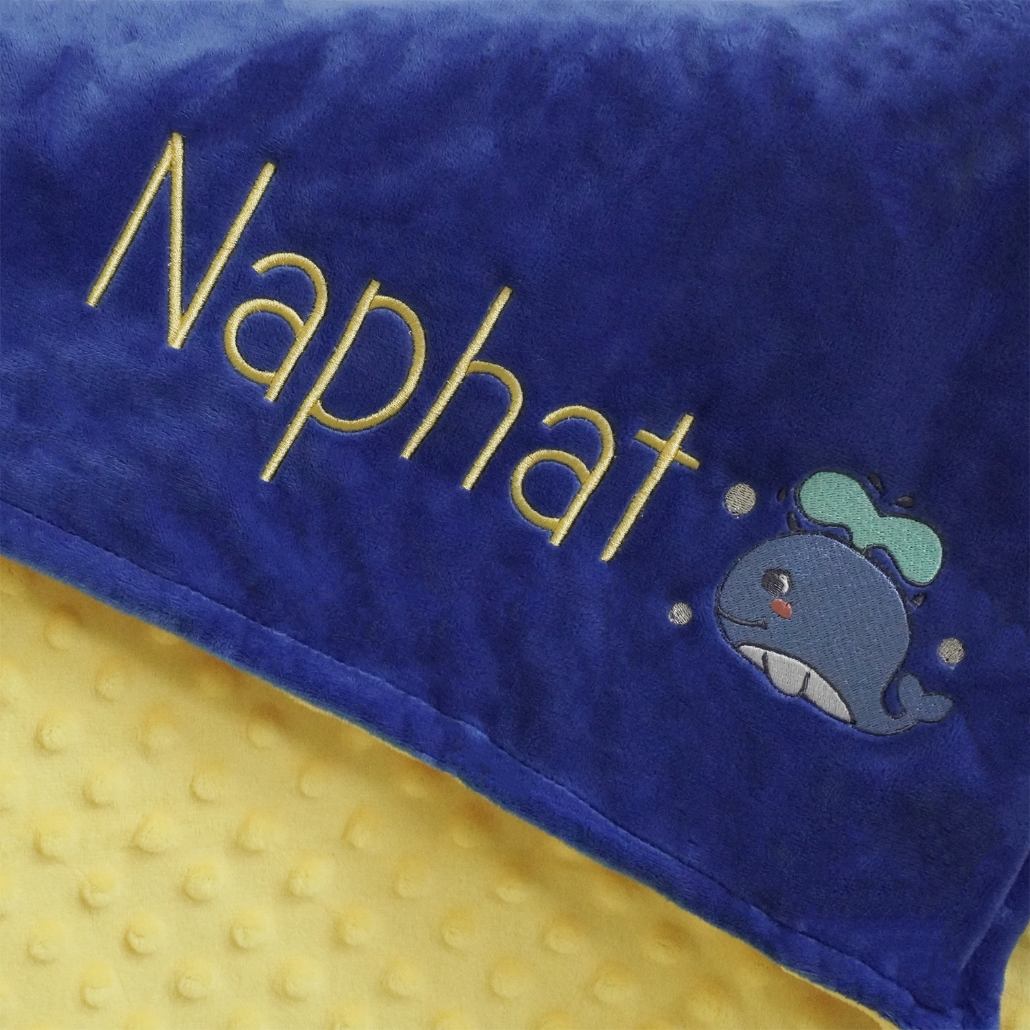 ผ้าห่ม Minky - สี Lemon-Navy 75x100cm แบบปักชื่อ+การ์ตูน - Whale