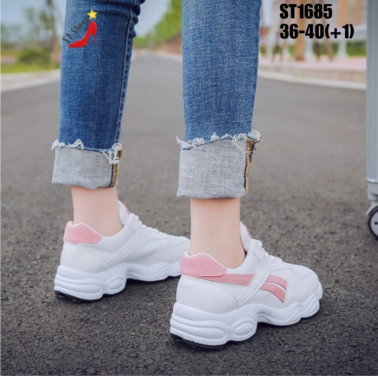 รองเท้าผ้าใบทรงSportแต่งแถบทูโทน (สีชมพู)