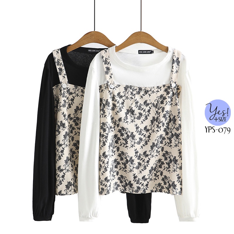 เสื้อยืดแขนยาวสาวอวบ (XL-3XL) อกถึง 52 นิ้ว แต่งเอี๊ยมหลอกผ้าลูกฟูกสีครีมลายดอกไม้ สีขาว/สีดำ YPS-079