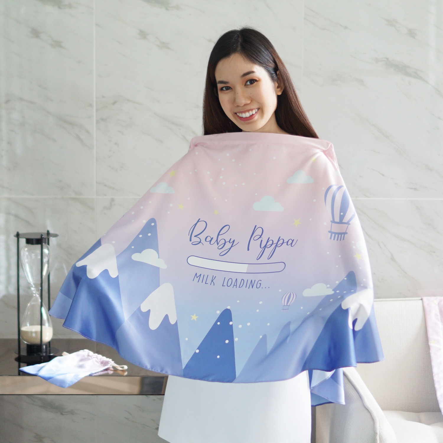 ผ้าคลุมให้นม สั่งทำใส่ชือ ลายภูเขา Mountain - Blue Pink