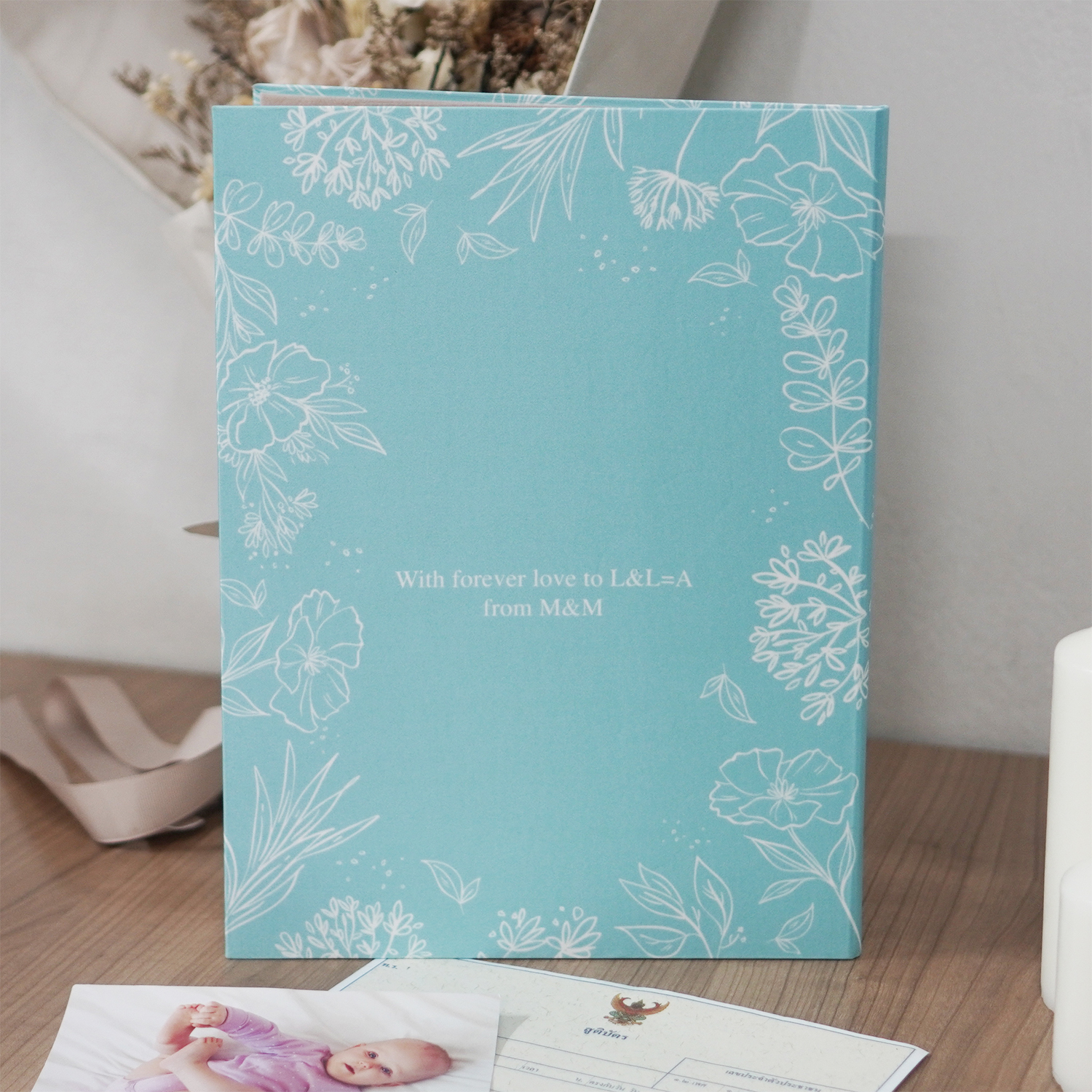 แฟ้มทะเบียนสมรส/สูติบัตร สั่งทำใส่ข้อความ ลาย Botanical - Turquoise