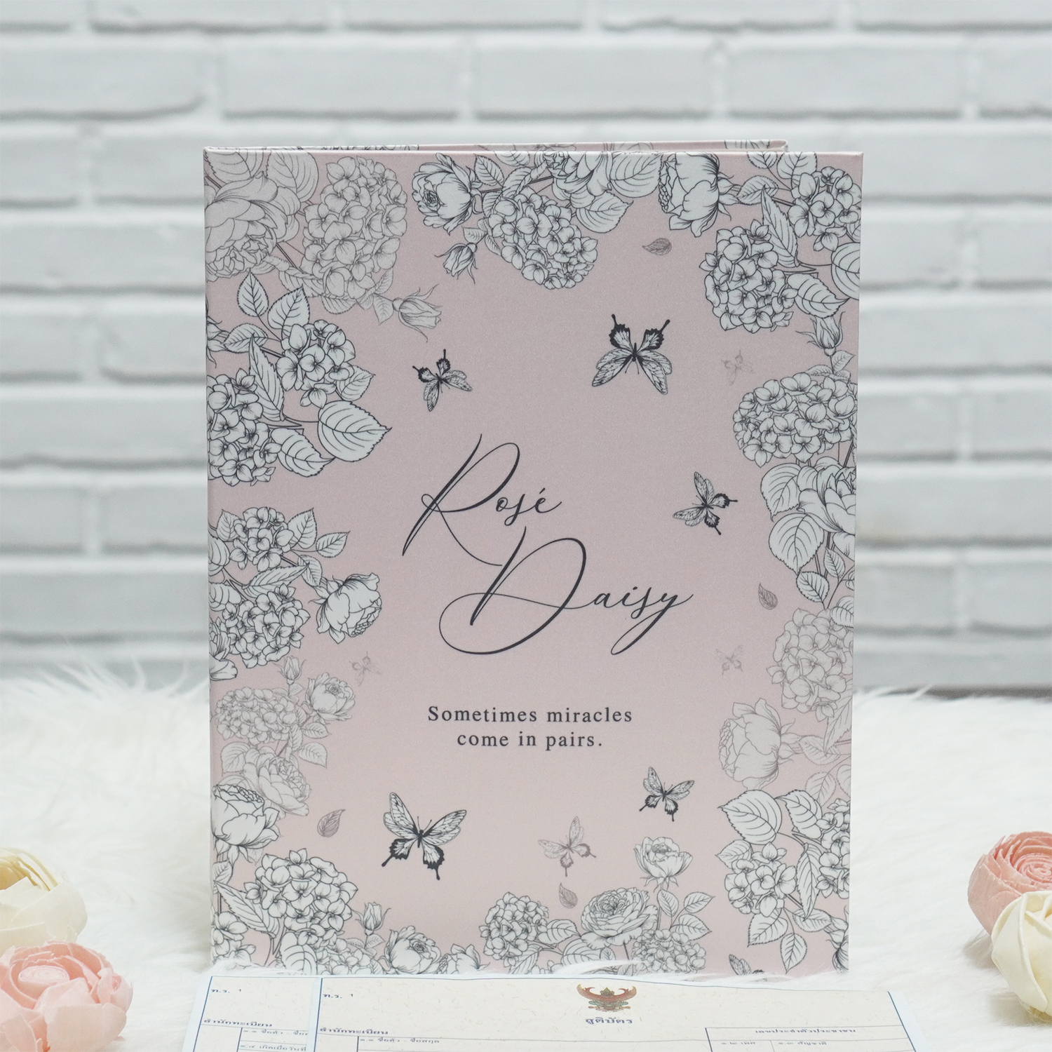 แฟ้มทะเบียนสมรส/สูติบัตร สั่งทำใส่ข้อความ ลาย Butterfly Vintage - Pink