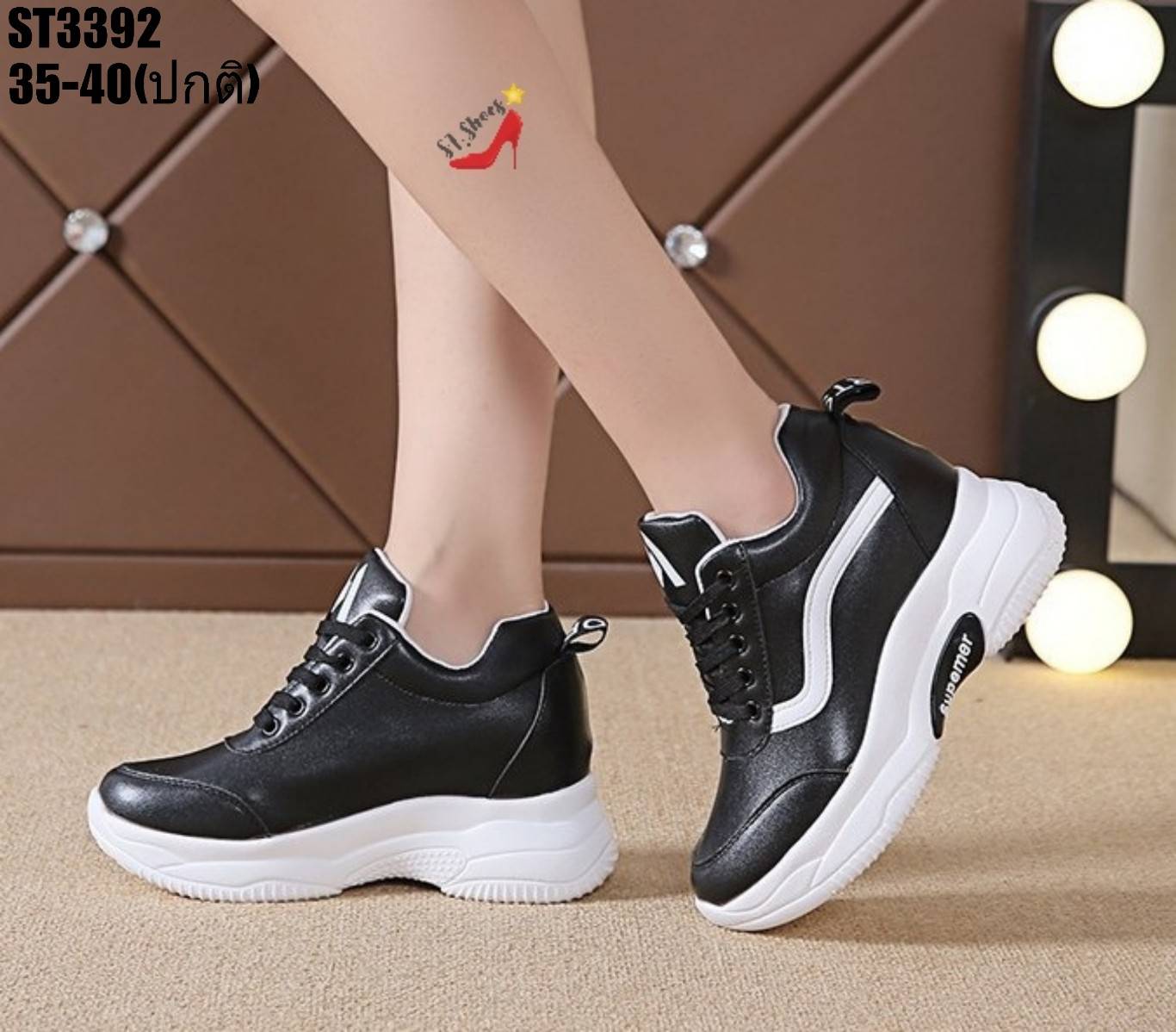 รองเท้าผ้าใบแฟชั่นเสริมส้นแต่แถบSport (สีดำ)