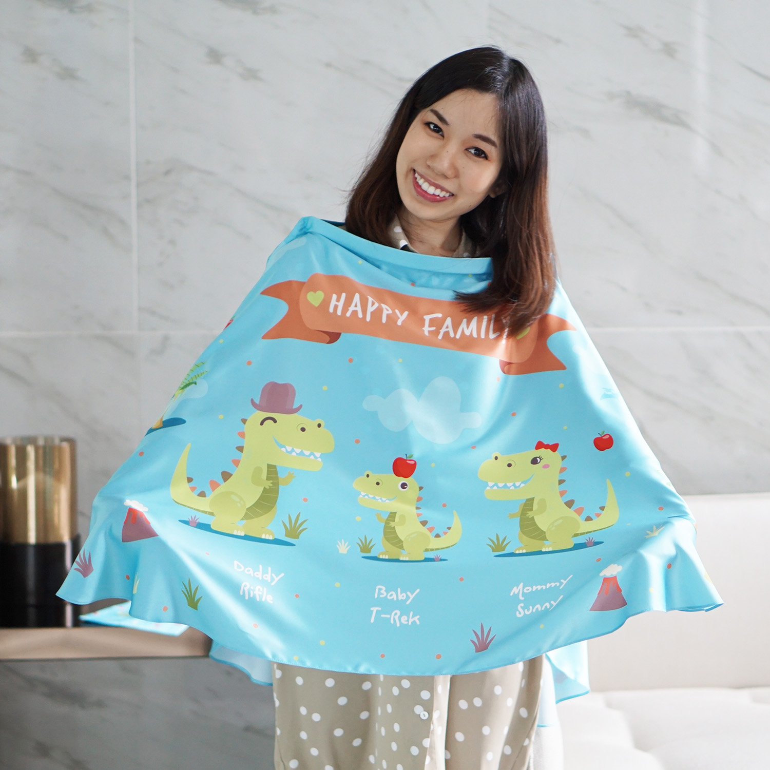 ผ้าคลุมให้นม สั่งทำใส่ชือ ลาย T-rex - Turquoise