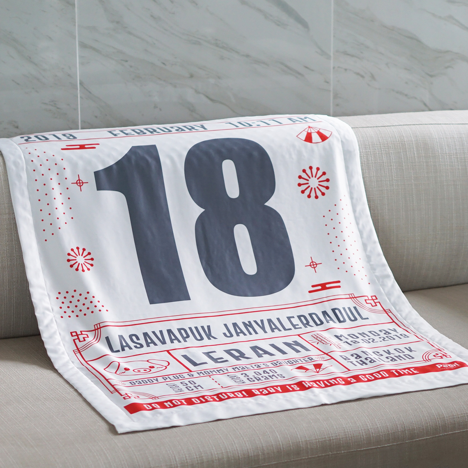 ผ้าห่มเด็ก ใส่ประวัติแรกเกิด ลาย Chinese Calendar - White/Grey