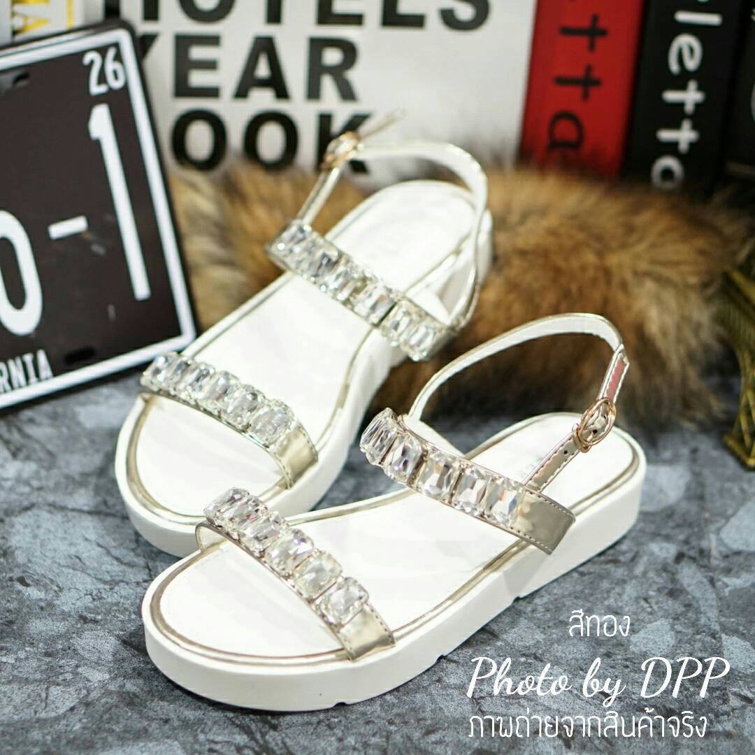 พร้อมส่ง : รองเท้าแตะเสริมส้นประดับเพชร (สีทอง)