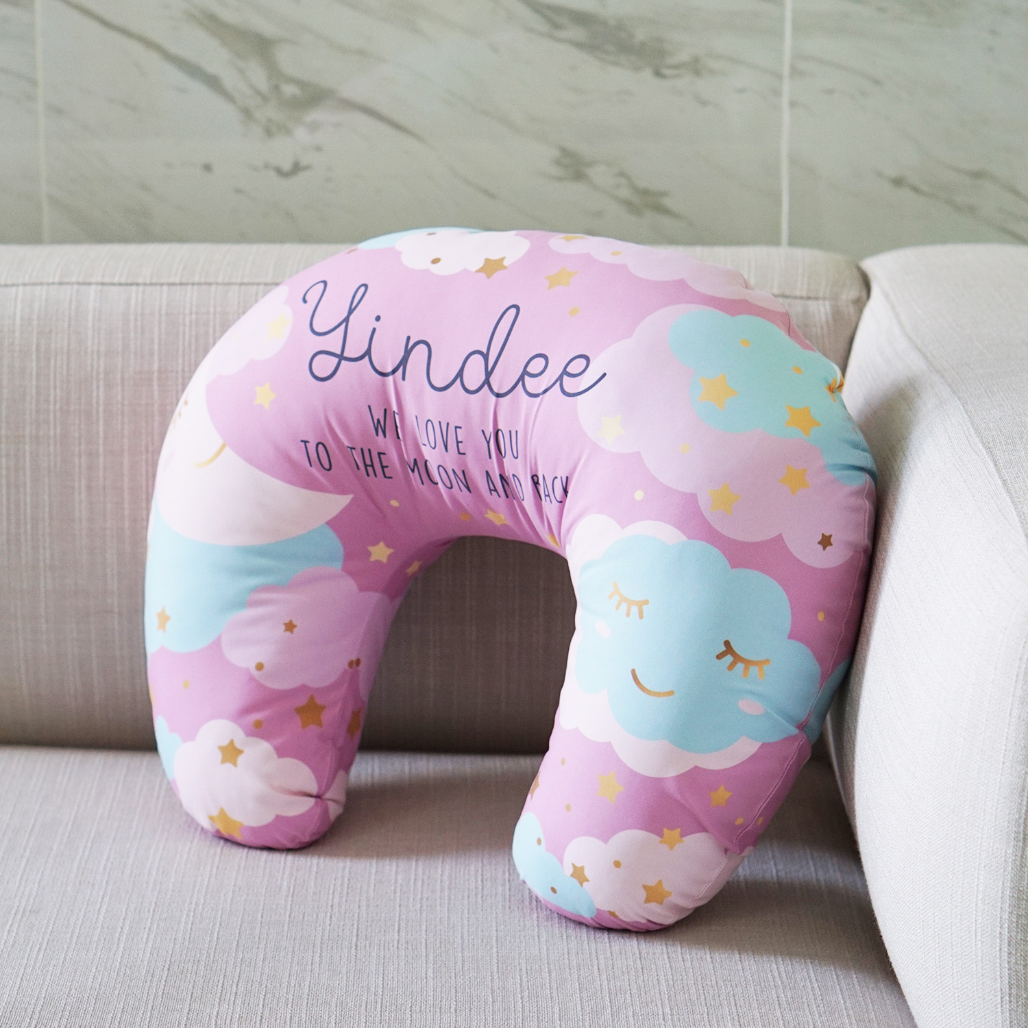 หมอนรองให้นม สั่งทำใส่ชื่อ ลาย Moon - Pink