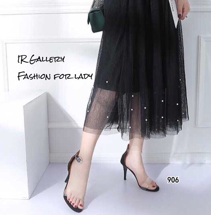 รองเท้าส้นสูงรัดข้อแต่งสายคาดใสนิ่ม (สีครีม)