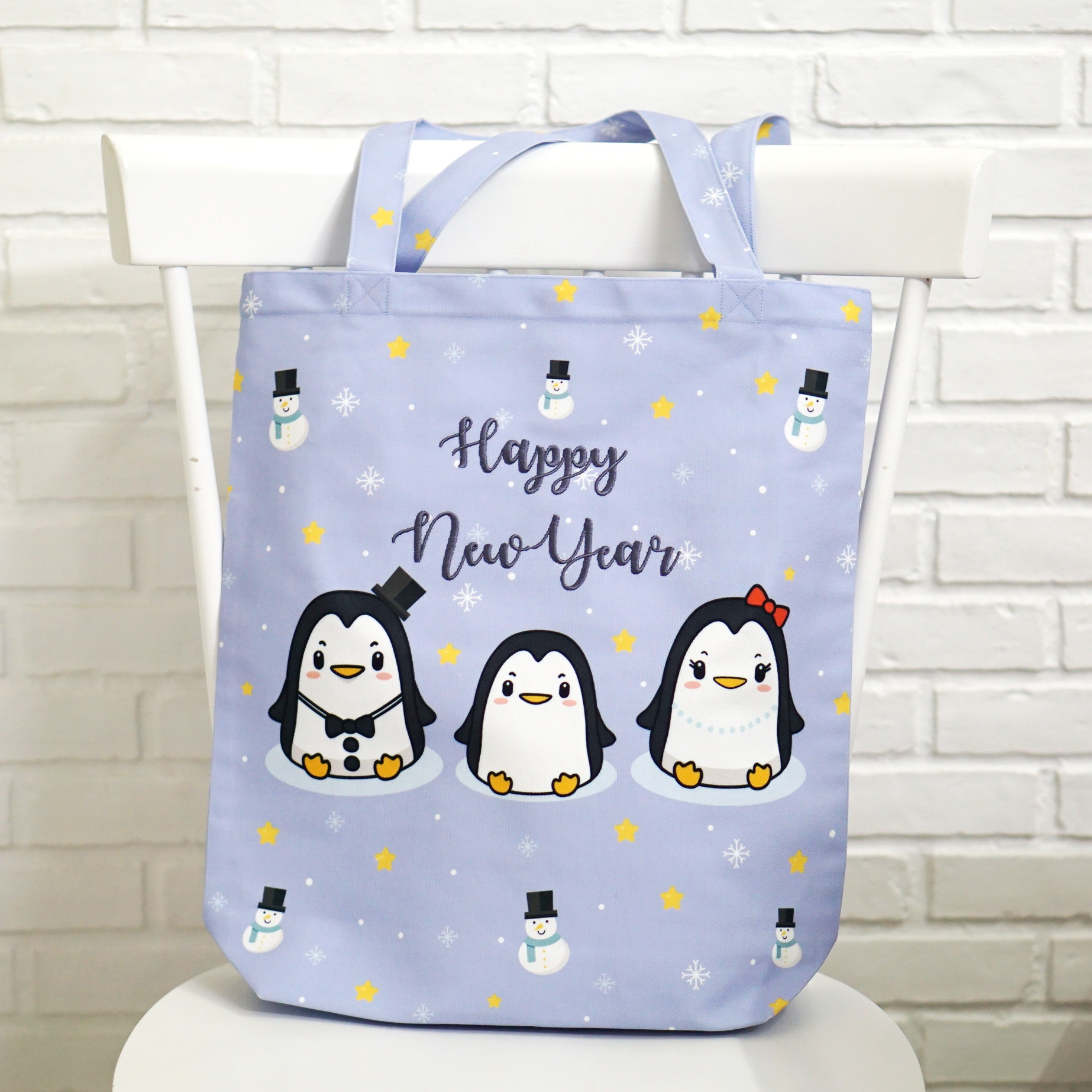 กระเป๋าผ้าแคนวาส ปักชื่อ ลาย Penguin - Blue