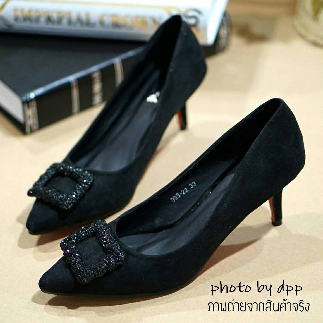 พร้อมส่ง : รองเท้าส้นสูงหนังกำมะหยี่ (สีดำ)