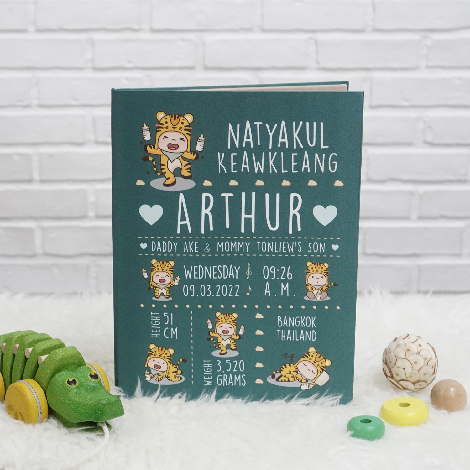 แฟ้มทะเบียนสมรส/สูติบัตร สั่งทำใส่ข้อความ ลาย Tiger 2 - Green