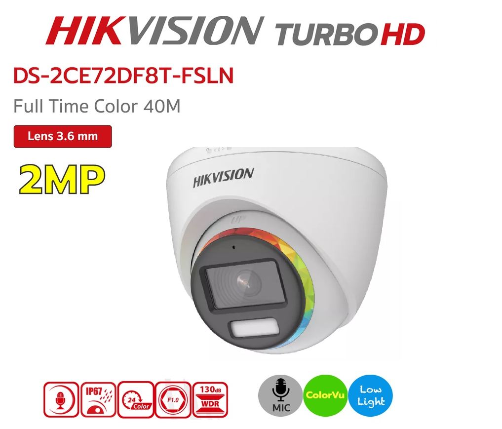 ขายถูก HIKVISION DS-2CE72DF8T-FSLN (3.6mm) กล้องวงจรปิด HDTVI ColorVu 2MP (ไมค์) สินค้าประกันศูนย์