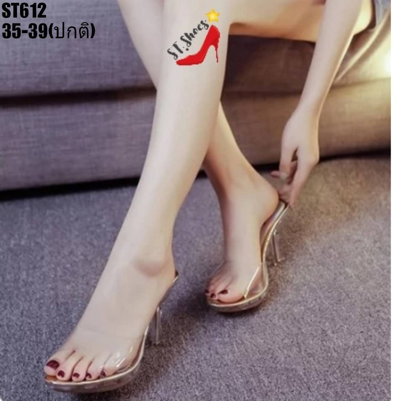 รองเท้าเท้าส้นสูงแต่งคาดใสนิ่ม (สีทอง)