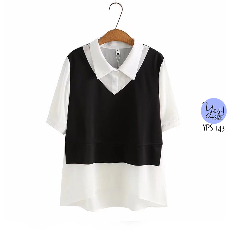 เสื้อแขนสั้นสาวอวบ อก 40-50 นิ้ว เสื้อคอปกสีขาวผ้าชีฟอง แต่งเอี๊ยมหลอกสีดำ YPS-143