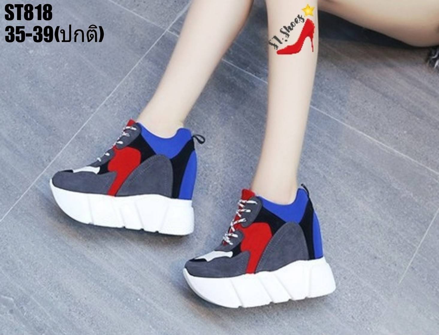 รองเท้าผ้าใบเสริมส้นแต่งลายแฟชั่น (สีดำ)