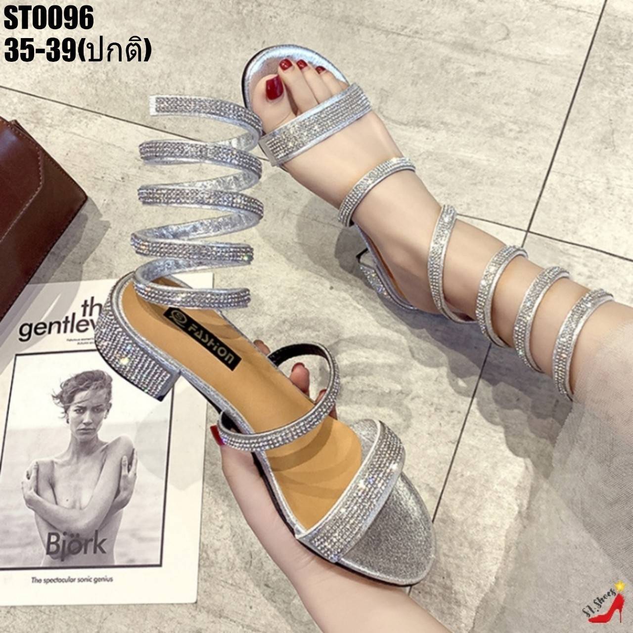 รองเท้าแตะเพชรสปริงพันขา (สีเงิน)