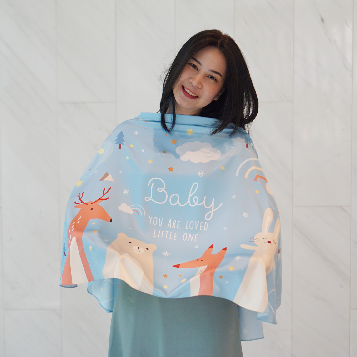 ผ้าคลุมให้นม (รุ่นมีกระดุม ถอดโครงได้) พร้อมส่ง ลาย Woodland - Blue