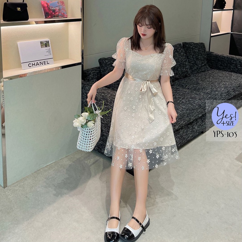 ชุดเดรสสั้นสาวอวบ อก 38-49 นิ้ว เดรสตาข่ายปริ้นลายดอกไม้สีขาว+กลิตเตอร์ทอง เอวโบว์ผ้าซาติน สีครีม/ดำ YPS-105