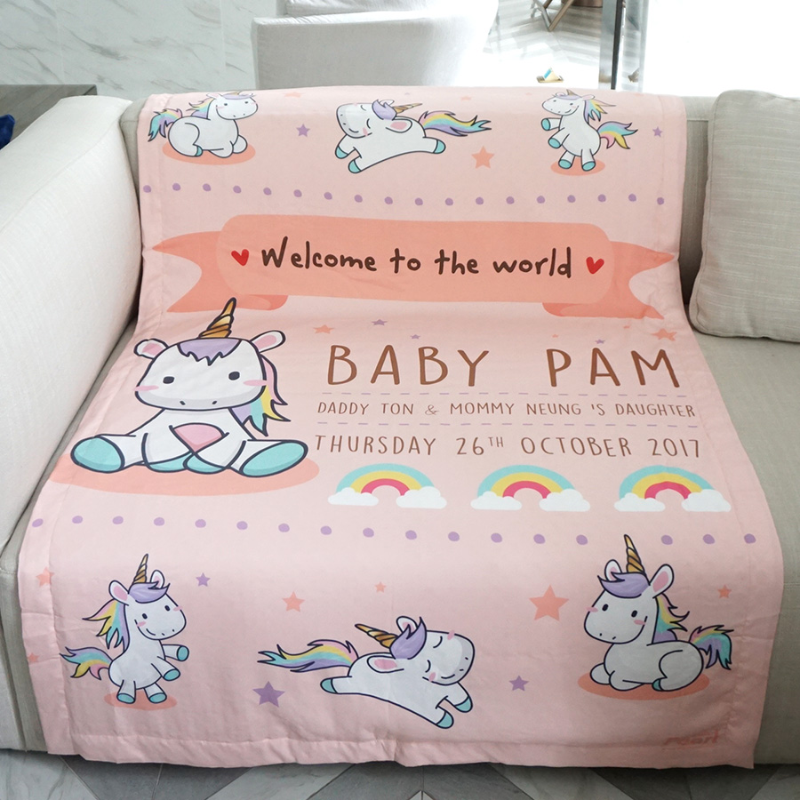 ผ้าห่ม สั่งทำใส่ชื่อ ลายยูนิคอร์น - Unicorn - Peach