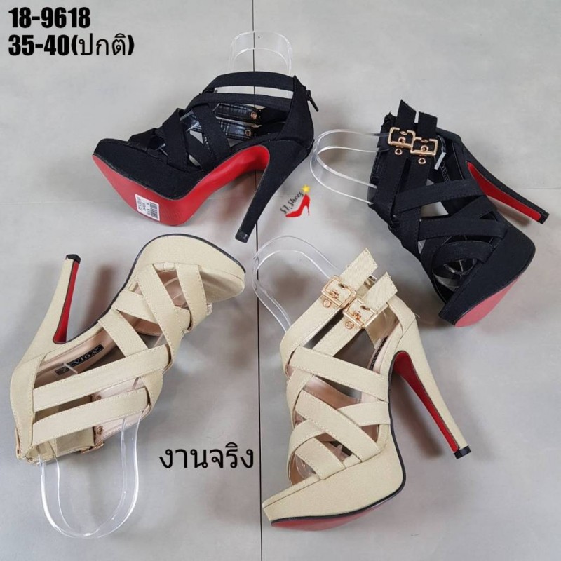 รองเท้าส้นสูงสายไขว้รัดข้อ2ชั้น (สีครีม)