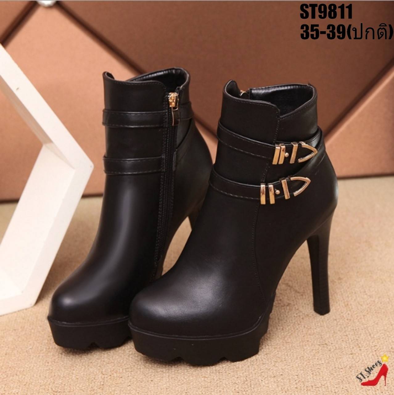 รองเท้าบูทส้นเข็มแต่งเข็มขัด (รุ่นเส้นเดียว)