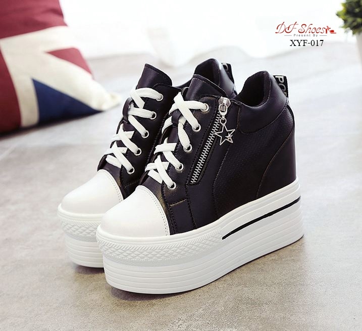 รองเท้าผ้าใบเสริมส้นแต่งซิปดาวสไตล์แฟชั่นเกาหลี (สีดำ)