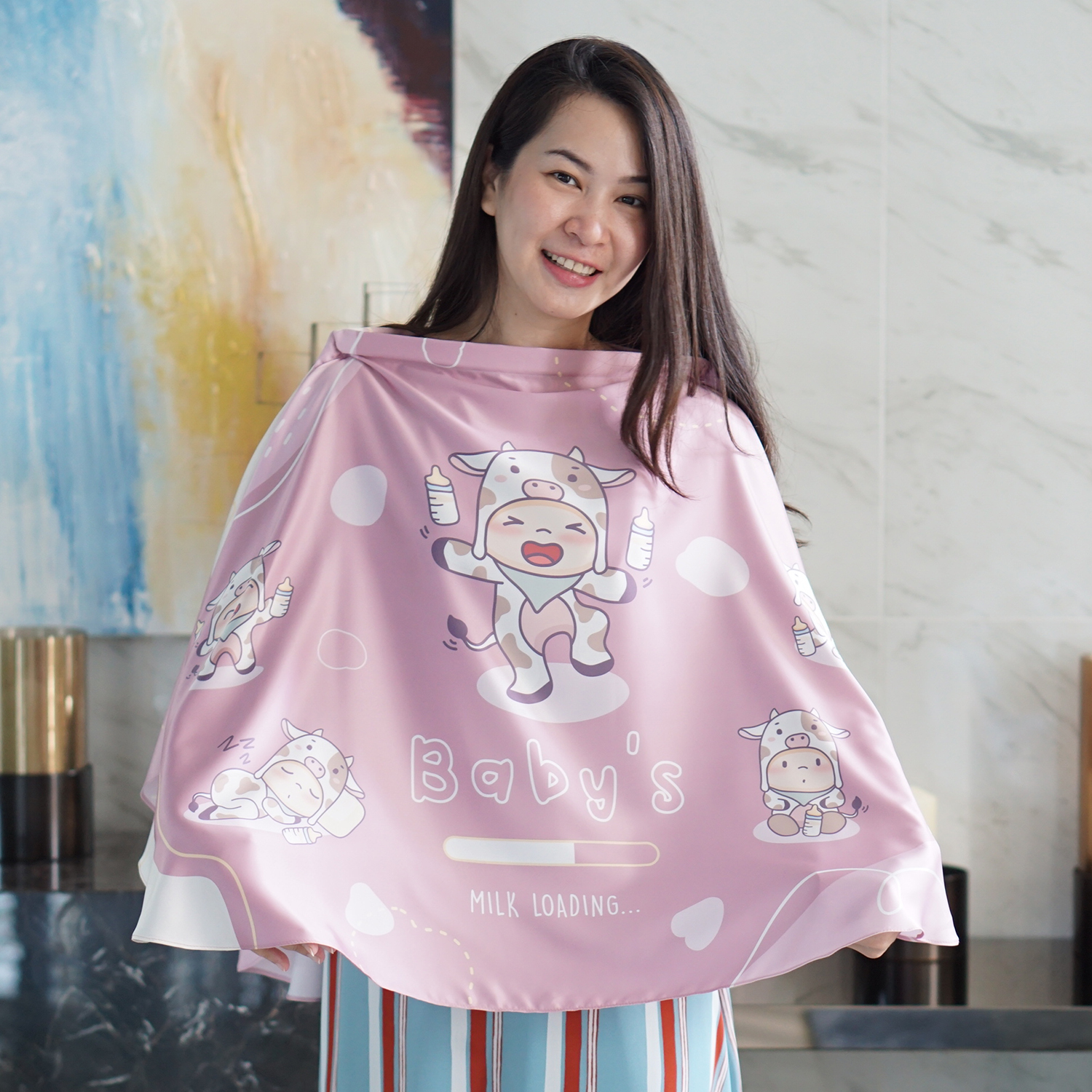 ผ้าคลุมให้นม สั่งทำใส่ชือ ลาย Cow - Pink