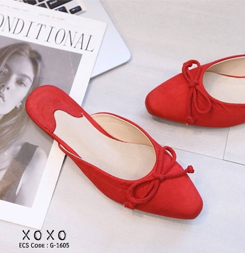 รองเท้าส้นแบนเปิดส้นแต่งโบว์ (สีแดง)