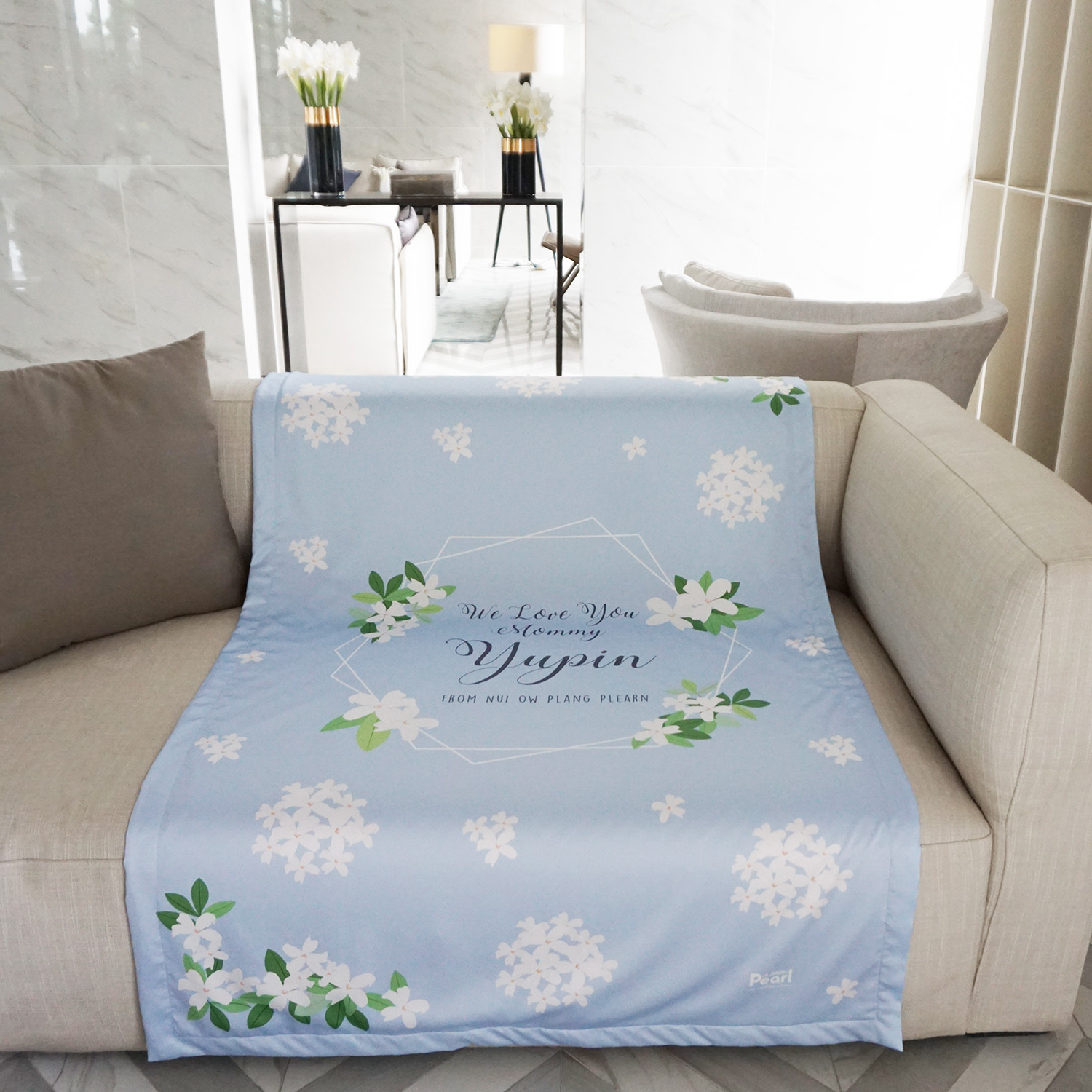 ผ้าห่ม ใส่ชื่อ ลาย Jasmine - Hexagon - Blue ไซส์ใหญ่ 100x150cm