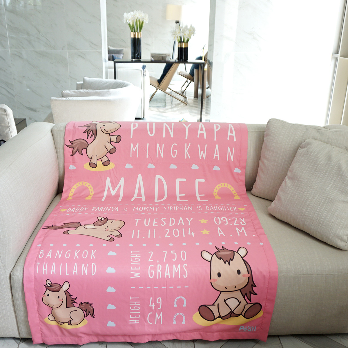 ผ้าห่ม ใส่ประวัติแรกเกิด ลายม้า สีชมพู ไซส์ใหญ่ 100x150cm / Horse - Pink